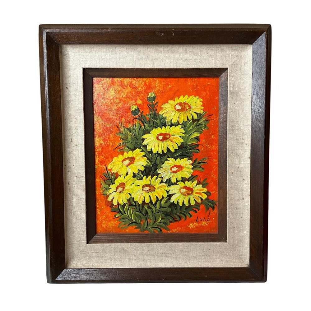 Vtg Luba Mid Century Modern Painting Statement Wall Decor Daisies Flowers 14x16